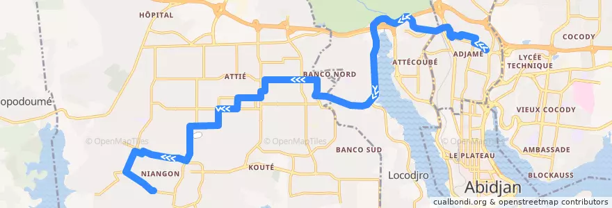 Mapa del recorrido gbaka : Adjamé Liberté → Carrefour Lokoa de la línea  en Abidjan.