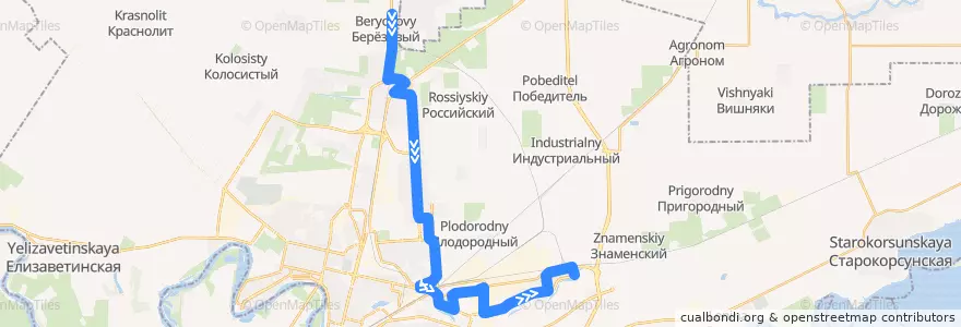 Mapa del recorrido Автобус №58: посёлок Берёзовый => Комсомольский микрорайон de la línea  en городской округ Краснодар.