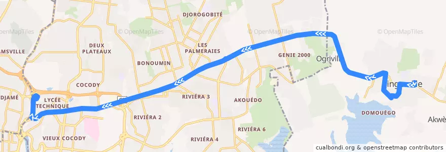 Mapa del recorrido gbaka : Bingerville → Adjamé Liberté de la línea  en Abidjan.