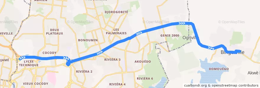 Mapa del recorrido gbaka : Adjamé Liberté → Bingerville de la línea  en Abidjan.