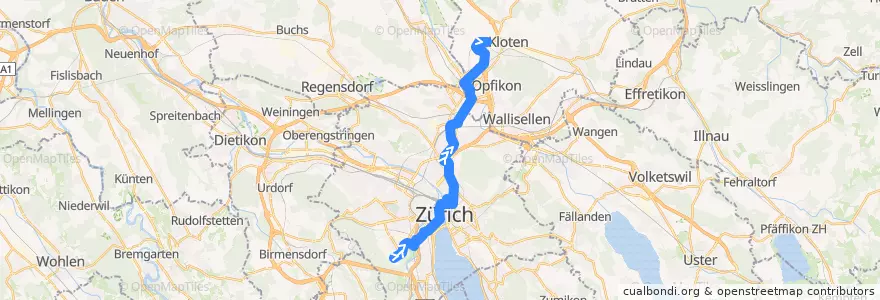 Mapa del recorrido Tram 10: Zürich, Albisgütli → Zürich Flughafen, Fracht de la línea  en 취리히.