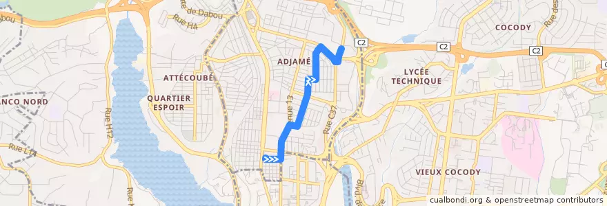Mapa del recorrido woro woro : Adjamé Mairie Dallas → Adjamé Liberté de la línea  en Adjamé.
