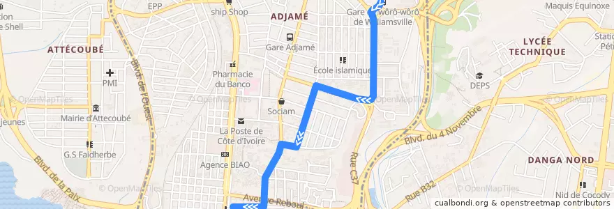 Mapa del recorrido woro woro : Adjamé Liberté → Adjamé Mairie Dallas de la línea  en Adjamé.