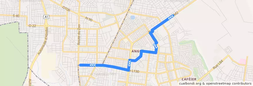 Mapa del recorrido woro woro : Angré Château → Abobo Azur Mobil de la línea  en Cocody.