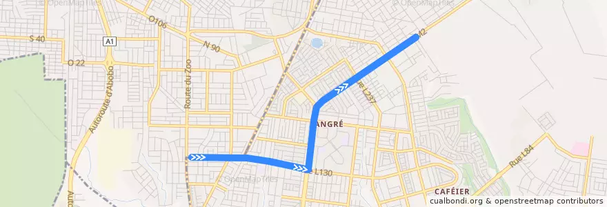 Mapa del recorrido woro woro : Abobo Azur Mobil → Angré Château de la línea  en Cocody.