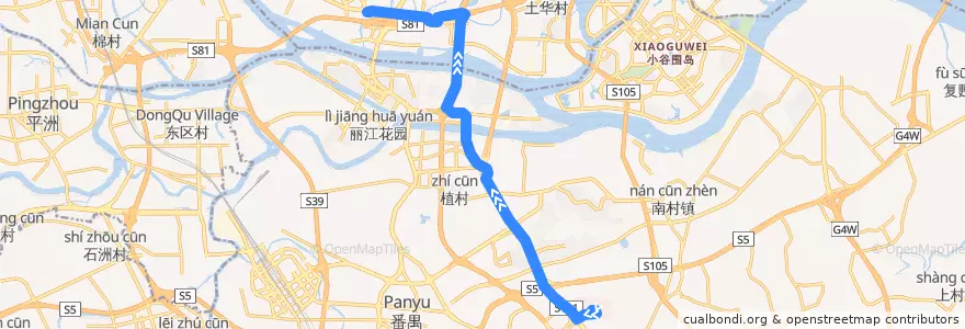 Mapa del recorrido 987路(天安科技园总站-海珠客运站总站) de la línea  en Guangzhou City.