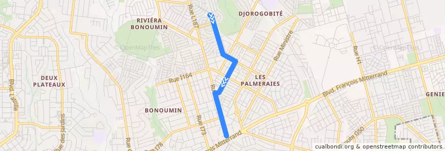 Mapa del recorrido woro woro : Les Rosiers → Palmeraie de la línea  en Cocody.
