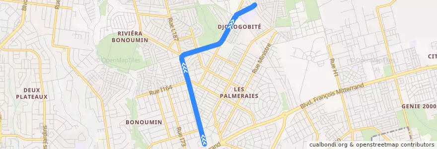 Mapa del recorrido woro woro : Carrefour 9km → Palmeraie SIPIM 4 de la línea  en Cocody.