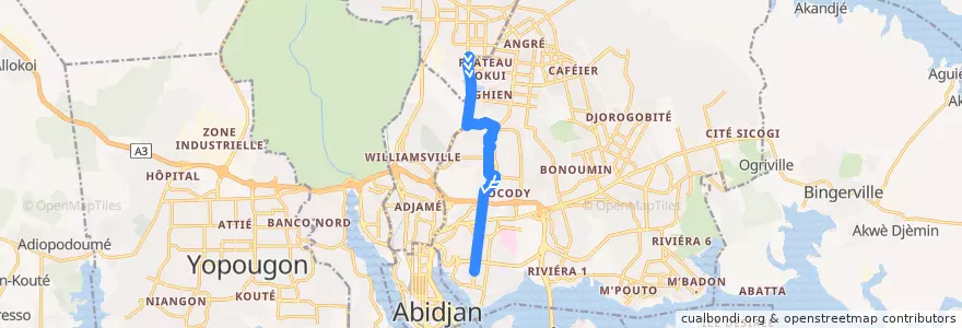 Mapa del recorrido woro woro : Abobo Azur Mobil → Saint Jean de la línea  en Cocody.