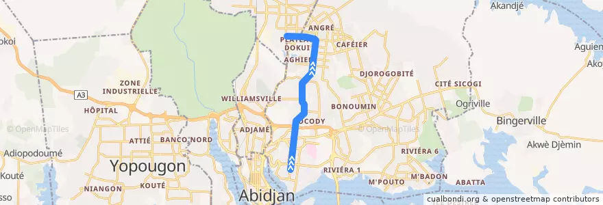 Mapa del recorrido woro woro : Saint Jean → Abobo Azur Mobil de la línea  en Cocody.