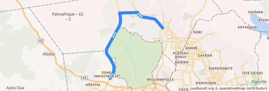 Mapa del recorrido gbaka : Yopougon Carrefour Zone → Abobo Gendarmerie de la línea  en 阿比让.