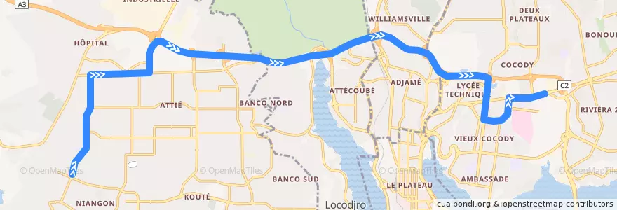 Mapa del recorrido bus 728 : Yopougon Lubafrique → Ecole de police de la línea  en Abiyán.