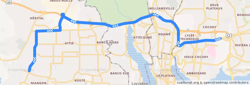 Mapa del recorrido bus 728 : Ecole de police → Yopougon Lubafrique de la línea  en 阿比让.