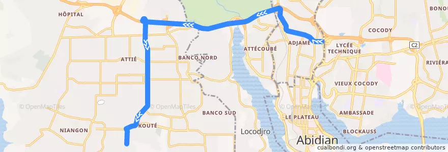 Mapa del recorrido gbaka : Adjamé Liberté → Yopougon Sideci IGES de la línea  en Abiyán.