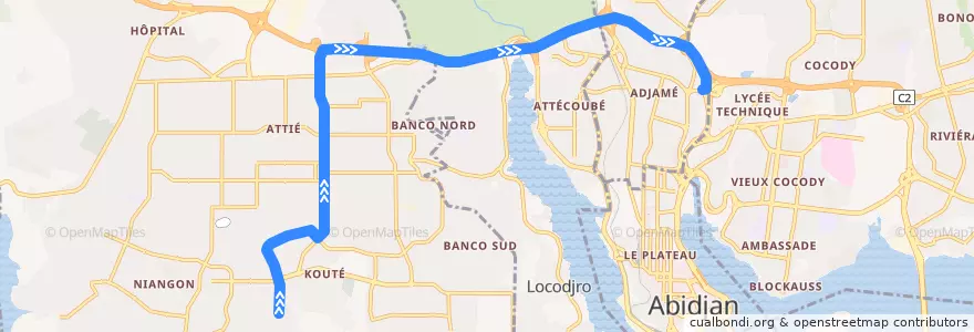 Mapa del recorrido gbaka : Yopougon Sideci IGES → Adjamé Liberté de la línea  en Abidjan.