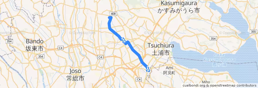 Mapa del recorrido 関東鉄道バス26系統 荒川沖駅西口⇒つくばセンター⇒建築研究所 de la línea  en Tsukuba.