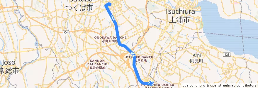 Mapa del recorrido 関東鉄道バス・JRバス ひたち野うしく駅⇒二の宮中央⇒つくばセンター de la línea  en 이바라키현.