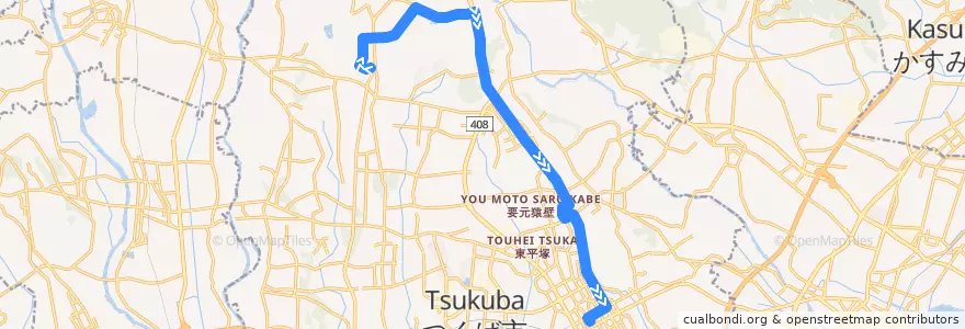 Mapa del recorrido 関東鉄道バスC8系統 つくばテクノパーク大穂⇒高エネルギー⇒つくばセンター de la línea  en Tsukuba.