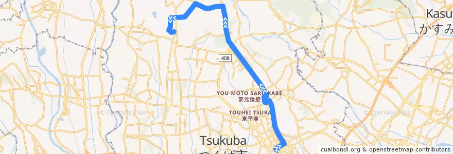 Mapa del recorrido 関東鉄道バスC8系統 つくばセンター⇒高エネルギー⇒つくばテクノパーク大穂 de la línea  en Tsukuba.