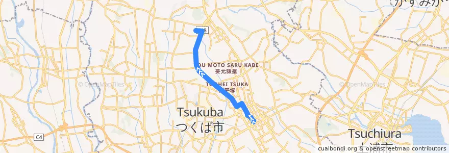 Mapa del recorrido 関東鉄道バスC6系統 つくばセンター⇒国土地理院⇒建築研究所 de la línea  en Tsukuba.