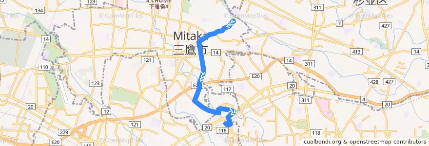 Mapa del recorrido Bus 仙01 三鷹台駅->仙川駅 de la línea  en 도쿄도.