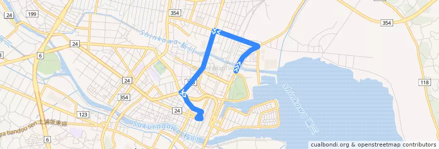Mapa del recorrido 関東鉄道バス 土浦車庫⇒真鍋新町中央⇒土浦駅 de la línea  en 土浦市.