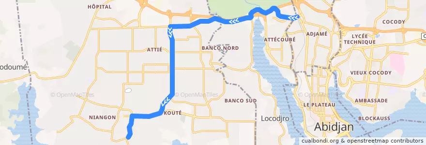 Mapa del recorrido gbaka : Adjamé mosquée → Yopougon Niangon Terminus 27 de la línea  en 阿比让.