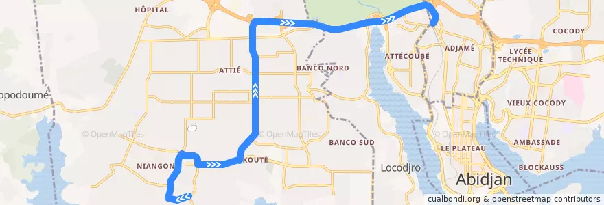 Mapa del recorrido gbaka : Yopougon Niangon Terminus 27 → Adjamé mosquée de la línea  en Abidjan.