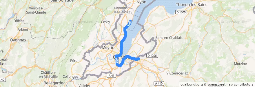 Mapa del recorrido Léman Express 4 : Coppet → Annemasse de la línea  en Женева.