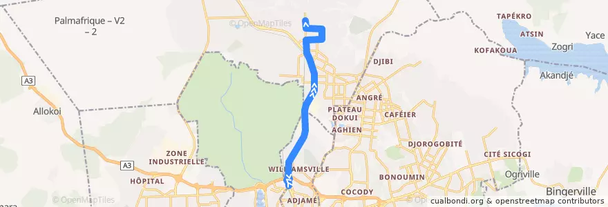 Mapa del recorrido gbaka : Adjamé Nouvelle Gare → BC de la línea  en Abidjan.