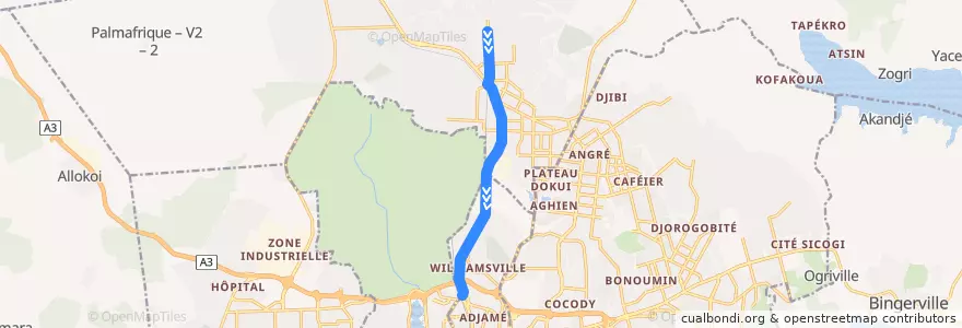 Mapa del recorrido gbaka : BC → Adjamé Nouvelle Gare de la línea  en Abiyán.