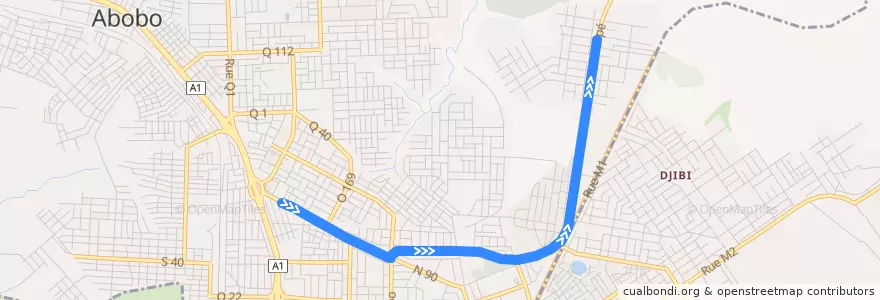 Mapa del recorrido gbaka : Abobo Gare → Belle ville de la línea  en Abobo.