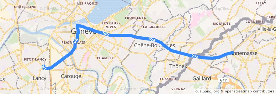 Mapa del recorrido Tram 17: Lancy-Pont-Rouge-Gare → Annemasse-Parc Montessuit de la línea  en Genève.