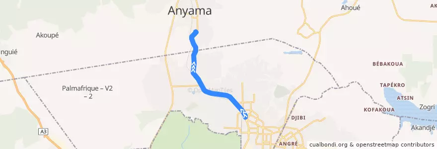 Mapa del recorrido gbaka : Abobo Gare → Gare d'Anyama de la línea  en Abobo.