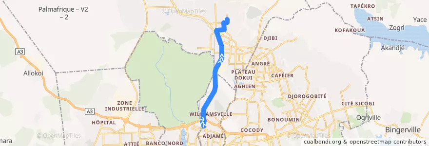 Mapa del recorrido gbaka : Adjamé Nouvelle Gare → Carrefour JAUG de la línea  en Abidjan.