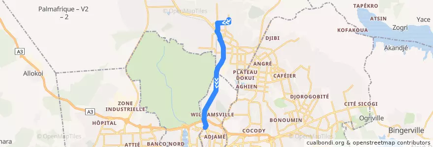 Mapa del recorrido gbaka : Carrefour JAUG → Adjamé Nouvelle Gare de la línea  en 阿比让.