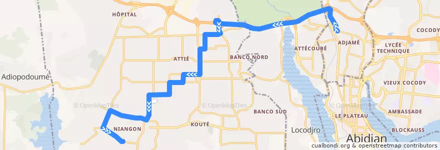 Mapa del recorrido gbaka : Adjame Brigade → Yopougon lokoa de la línea  en Abidjan.