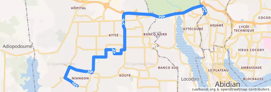 Mapa del recorrido gbaka : Yopougon lokoa → Adjame Nouvelle Gare de la línea  en Abican.