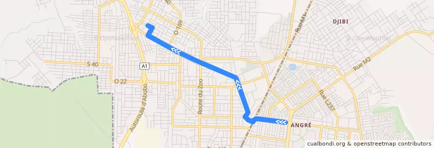 Mapa del recorrido gbaka : Abobo Gare → Angré Petro Ivoire de la línea  en Abobo.