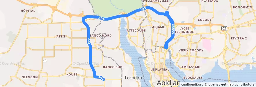 Mapa del recorrido gbaka : Yopougon koweit → Gare Kobenan Agban de la línea  en Abidjan.