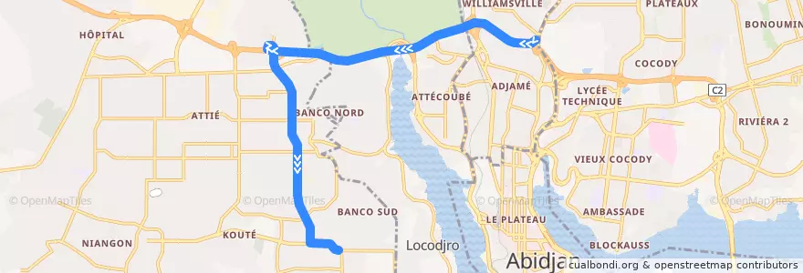 Mapa del recorrido gbaka : Gare Kobenan Agban → Yopougon koweit de la línea  en Abidjan.