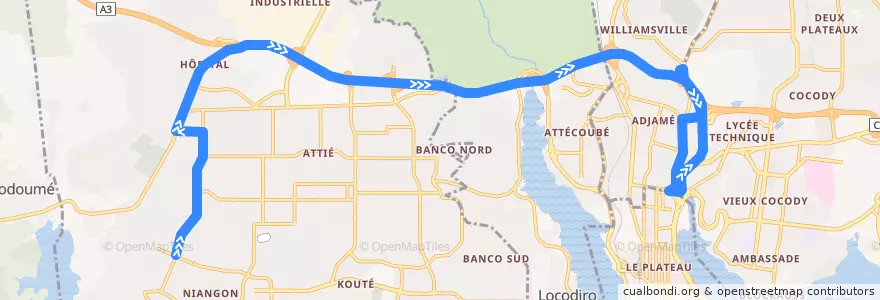 Mapa del recorrido gbaka : Yopougon Lubafrique → Gare kobenan Agban de la línea  en 阿比让.