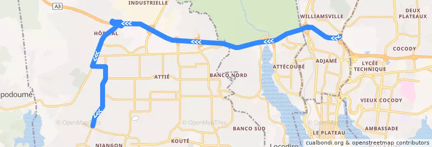 Mapa del recorrido gbaka : Gare kobenan Agban → Yopougon Lubafrique de la línea  en Abidjan.