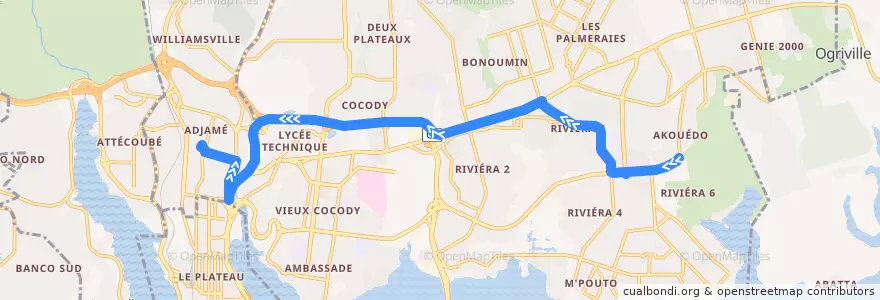 Mapa del recorrido gbaka : Akouedo Attié → Adjamé gare en haut de la línea  en Cocody.