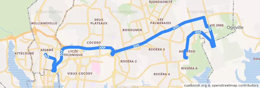 Mapa del recorrido gbaka : Adjamé gare en haut → Akouedo Attié de la línea  en Cocody.