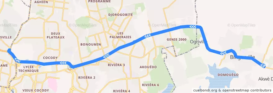 Mapa del recorrido gbaka : Bingerville → Gare Kobenan Agban de la línea  en Abidjan.