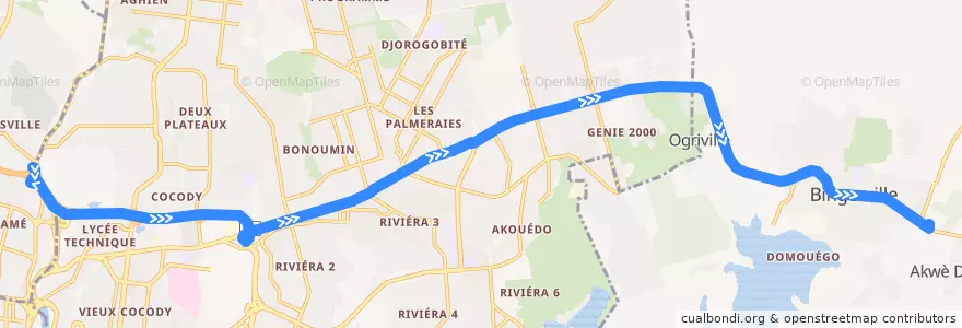 Mapa del recorrido gbaka : Gare Kobenan Agban → Bingerville de la línea  en 阿比让.