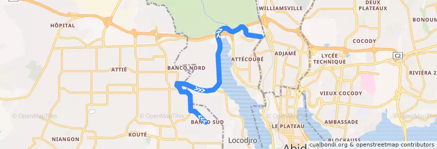 Mapa del recorrido gbaka : Yopougon boassi → Adjame Agban de la línea  en Abidjan.