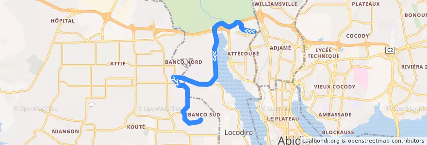 Mapa del recorrido gbaka : Adjame Agban → Yopougon boassi de la línea  en Abiyán.