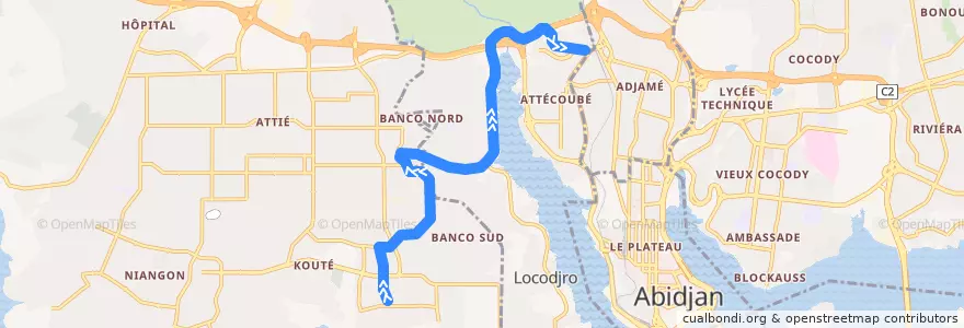 Mapa del recorrido gbaka : Yopougon Camp Militaire → Adjamé Agban de la línea  en Abidjan.